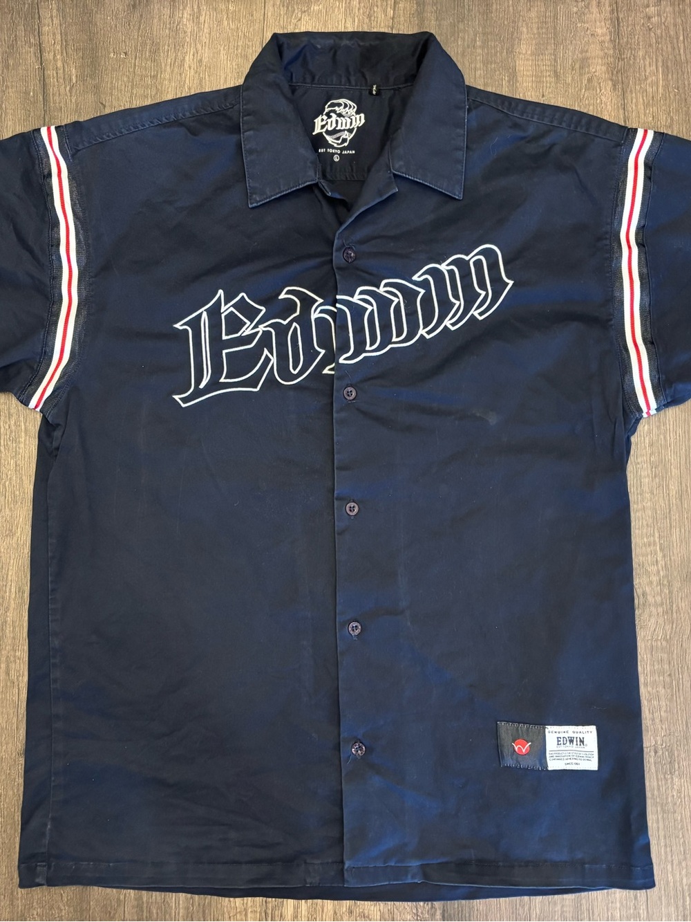 Edwin Tokyo Navy Short-Sleeve Button-Down Baseball Script Shirt Sleeve Stripes